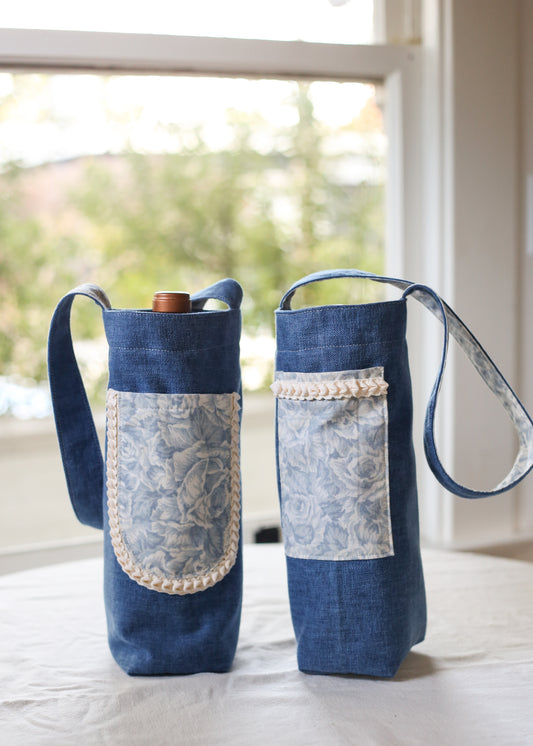 Denim Bloom Wine Tote